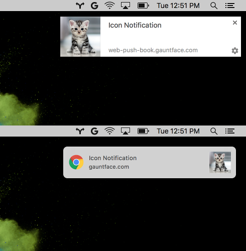 Old Chrome notification vs native macOS notification (bottom)
