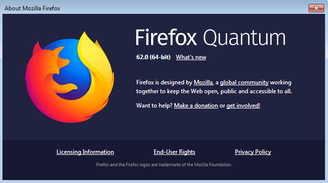 Firefox 62 About Dialog